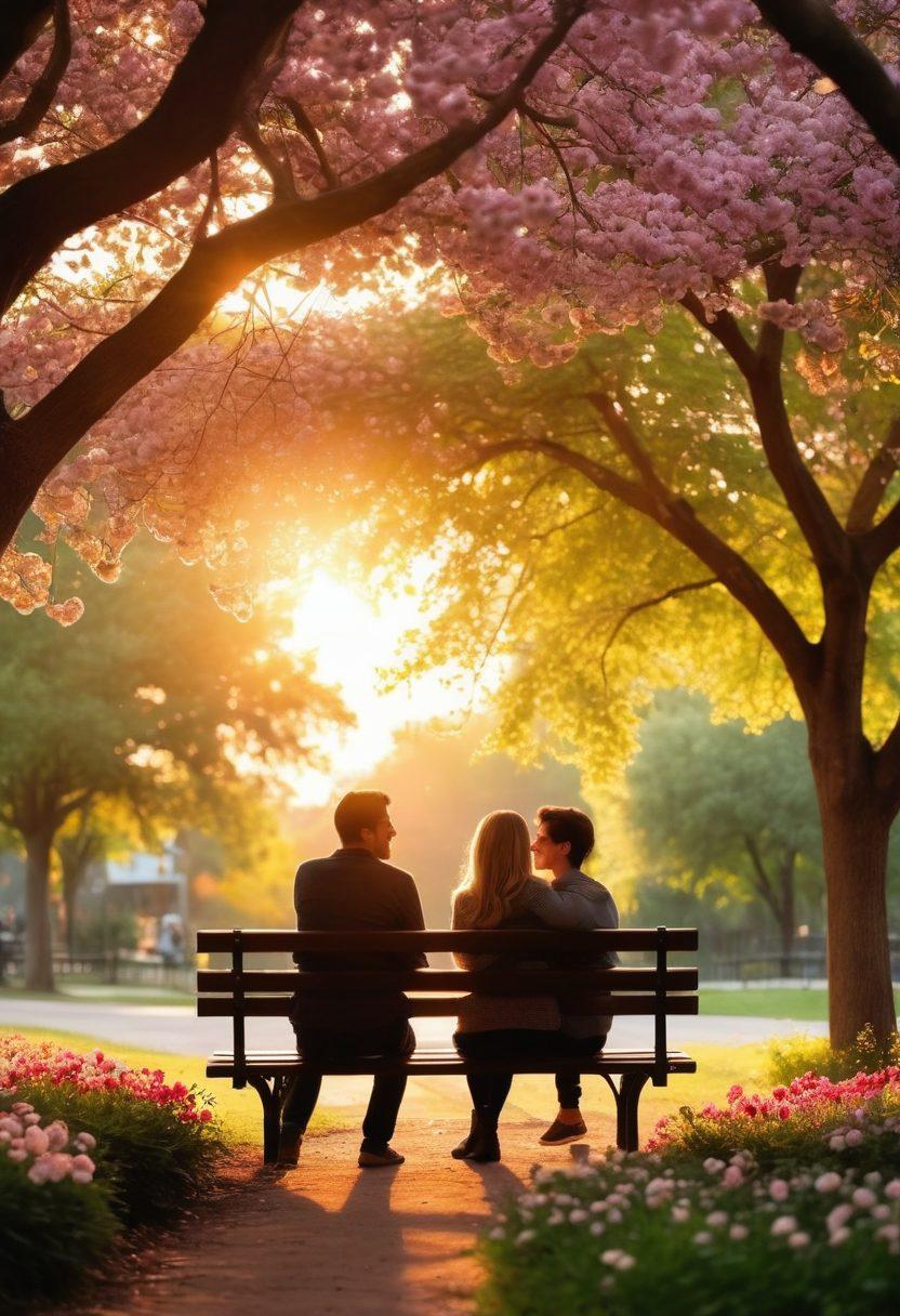 A warm and inviting scene depicting two friends sitting on a park bench, sharing a laugh, surrounded by blooming flowers symbolizing growth and affection. In the background, subtle silhouettes of hearts can be seen among the trees as the sun sets, casting a romantic glow. Capture the transition from friendship to romance visually through their expressions. soft focus. vibrant colors. natural light.