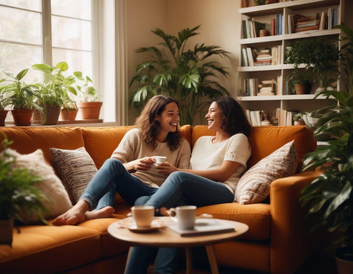 A warm, intimate scene of a couple sharing a joyful moment in a cozy living room, surrounded by plants and soft lighting. The couple is laughing and looking into each other's eyes, radiating affection and connection. Include elements like a love seat, coffee cups, and a bookshelf filled with relationship books in the background. The atmosphere should evoke a sense of support and passion. super-realistic. warm colors. cozy ambiance.